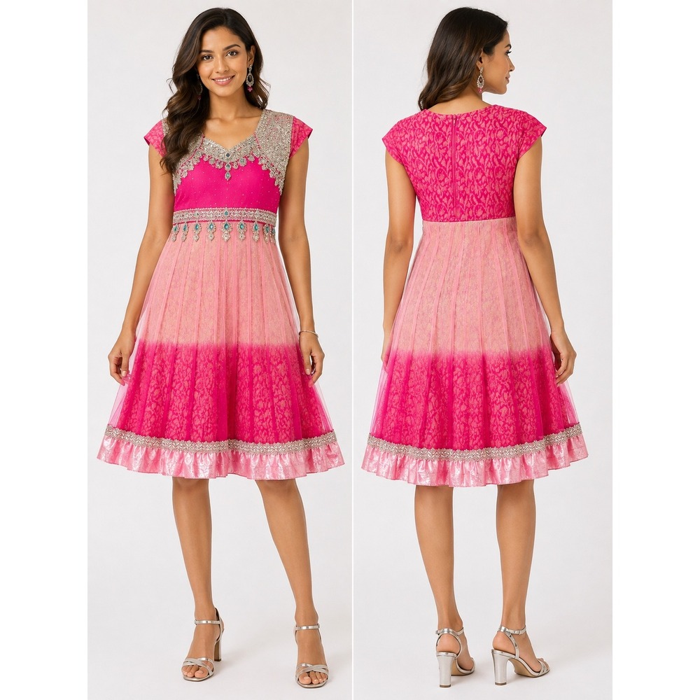 Indian Fusion Dress Cap Sleeve Embellished Formal Pink Ombre Women's Size 36